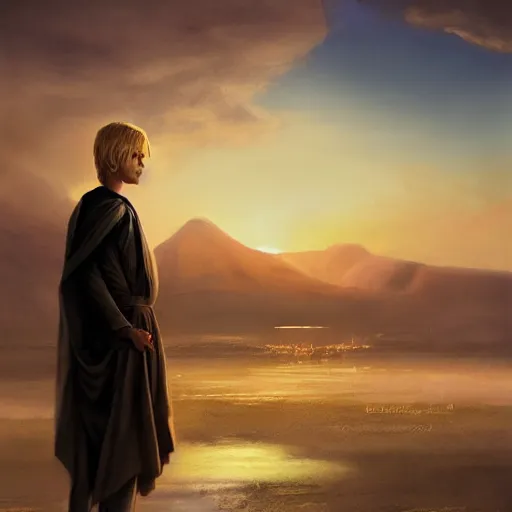 Image similar to a young blonde male jedi with short hair standing still looking at the sunset concept art by Doug Chiang cinematic, realistic painting, high definition, concept art, portait image, path tracing, serene landscape, high quality, highly detailed, 8K, soft colors, warm colors, turbulent sea, high coherence, anatomically correct, hyperrealistic, concept art, defined face, five fingers, symmetrical