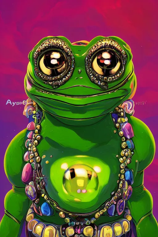 Image similar to maximalist detailed gemstone pepe the frog by adoryanti, machine. delusions, holosomnia, electrixbunny, rendered in discodiffusion. decorated with pearls and gems, behance hd by jesper ejsing, by rhads, makoto shinkai, ilya kuvshinov, rossdraws global illumination ray tracing hdr radiating a glowing aura