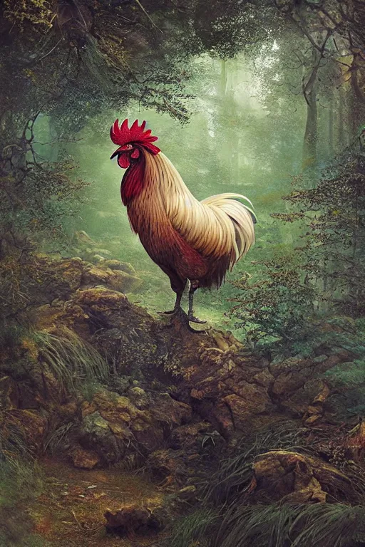 Prompt: a beautiful rooster in a forest, inspired by thomas eakes & greg rutkowski & xiang duan, perfect symmetry, magic realism, post - processing, extremely hyper - detailed, intricate, soft - lighting, lifelike attributes, masterpiece, pastel'