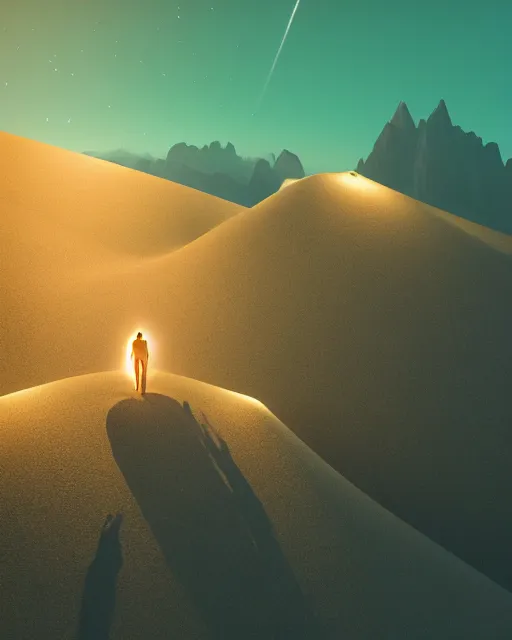 Image similar to a man standing in the middle of a mountain looking at a glowy shape, a render by filip hodas, behance contest winner, environmental art, rendered in cinema 4 d, volumetric lighting