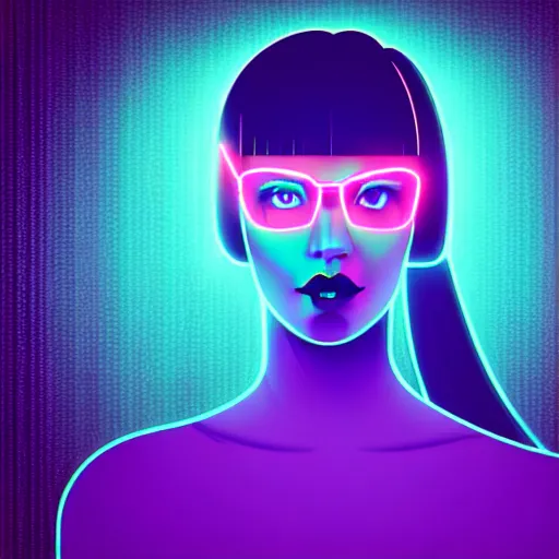 Prompt: illustration of an attractive young woman, dark hair, blue eyes, thick glasses, symmetrical, thinking, smirking, vector art, vaporwave, blade runner style, cyberpunk, neon lighting, teal, purple, pink