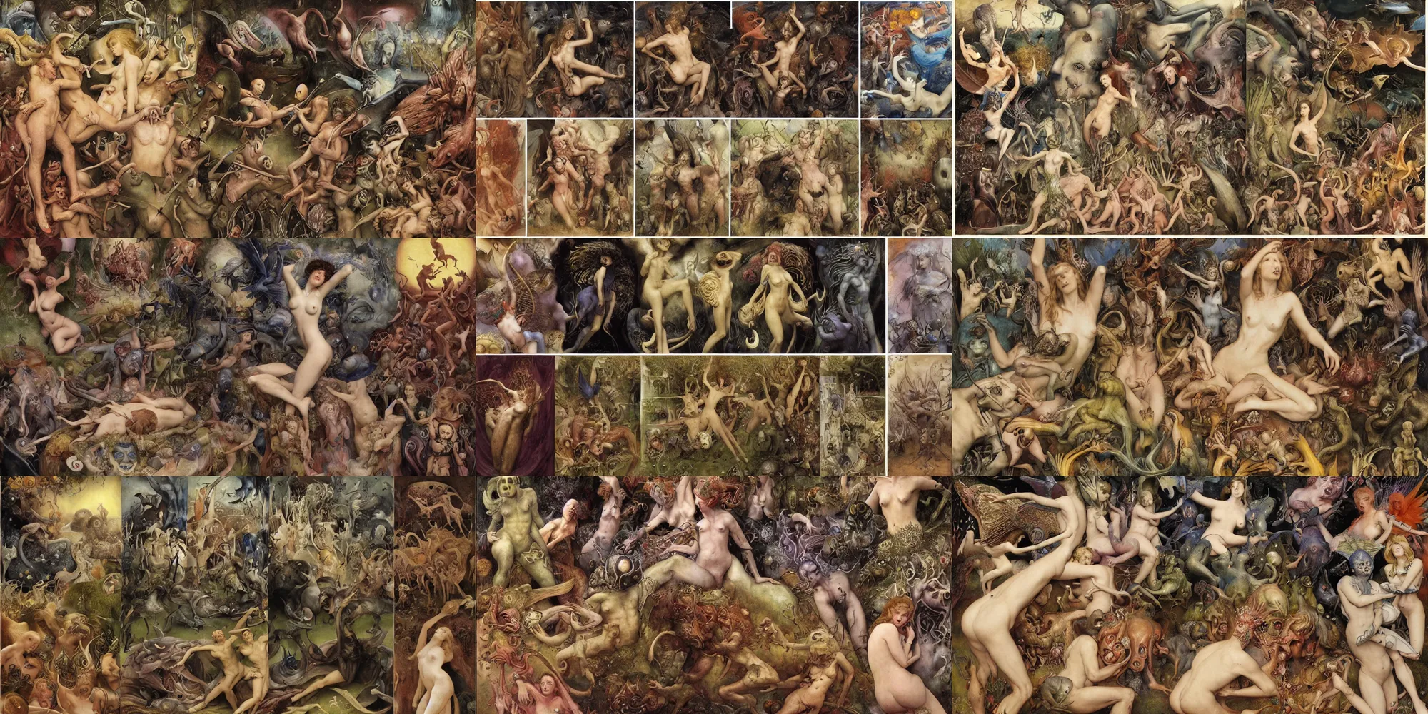 Prompt: the garden of earthly delights, by wayne barlowe, by gustav moreau, by goward, by gaston bussiere, by roberto ferri, by santiago caruso, by luis ricardo falero, by austin osman spare, by saturno butto