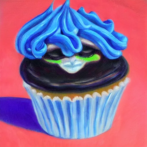 Image similar to A humanoid tasty looking cupcake with bushy eyebrows and grumpy face, blue light, extra detailed, oil painting, by MARGARET ANN EDEN