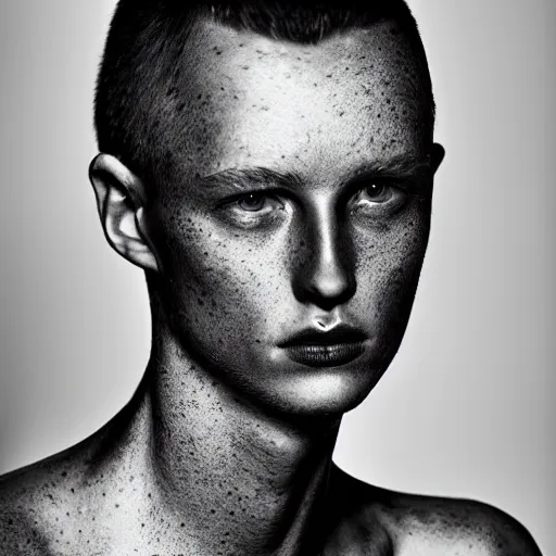 Image similar to a beautiful young male wearing iris van herpen, photographed by erwin olaf