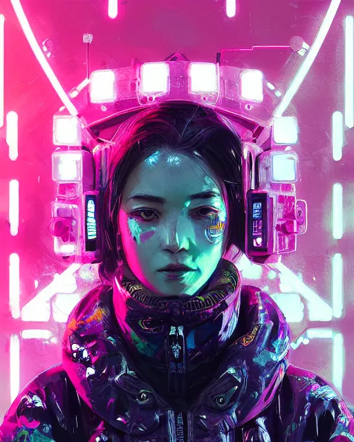 Image similar to detailed portrait Neon Operator Girl, cyberpunk futuristic neon, reflective puffy coat, decorated with traditional Japanese ornaments by Ismail inceoglu dragan bibin hans thoma greg rutkowski Alexandros Pyromallis Nekro Rene Maritte Illustrated, Perfect face, fine details, realistic shaded, fine-face, pretty face