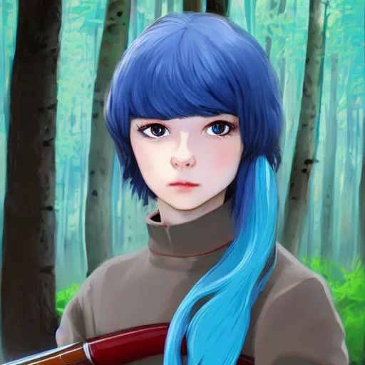 Image similar to ilya kuvshinov with long hair, sky blue hair, hazel eyes, boyish face, wielding a sword and shield, professional digital painting, concept art, award - winning photography, cinematic, forest background, awe, regal, wlop, art by andy warhol, pixiv art, yoshitaka amano