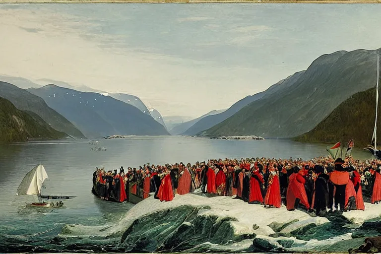 Image similar to a walrus attacking the bridal procession on the hardangerfjord by hans gude, adolph tidemand