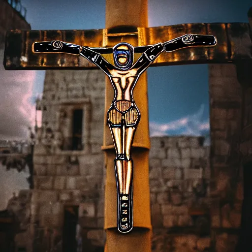 Prompt: super8 shot of a glowing steampunk robot crucified at dusk in ancient jerusalem