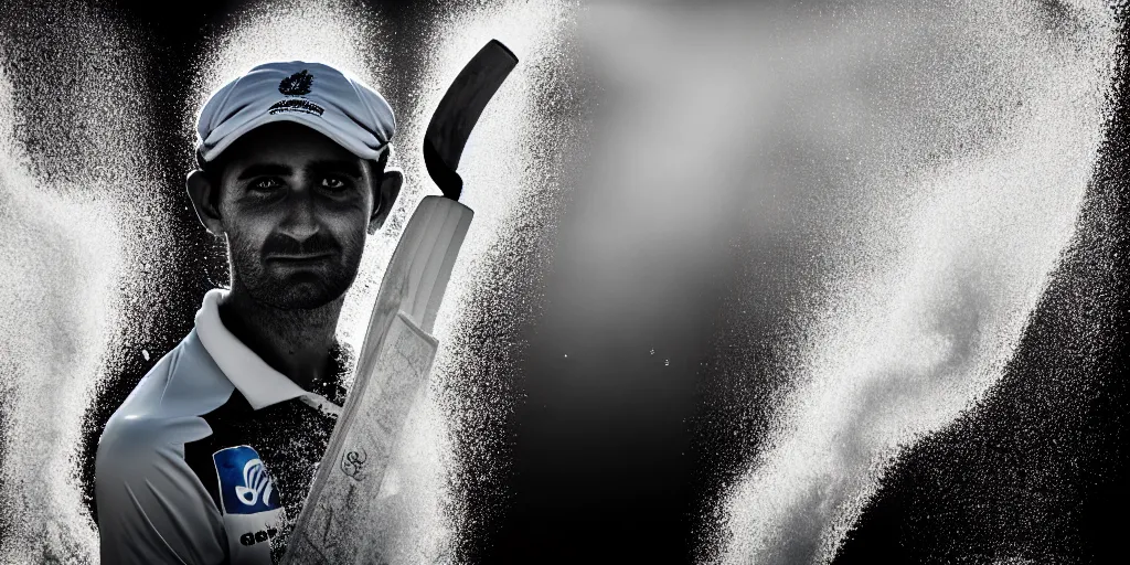 Prompt: Close up portrait of a Cricket Player, award winning photograph, 50 mm lens and f/12.0, fast shutter speed of water floating in the air