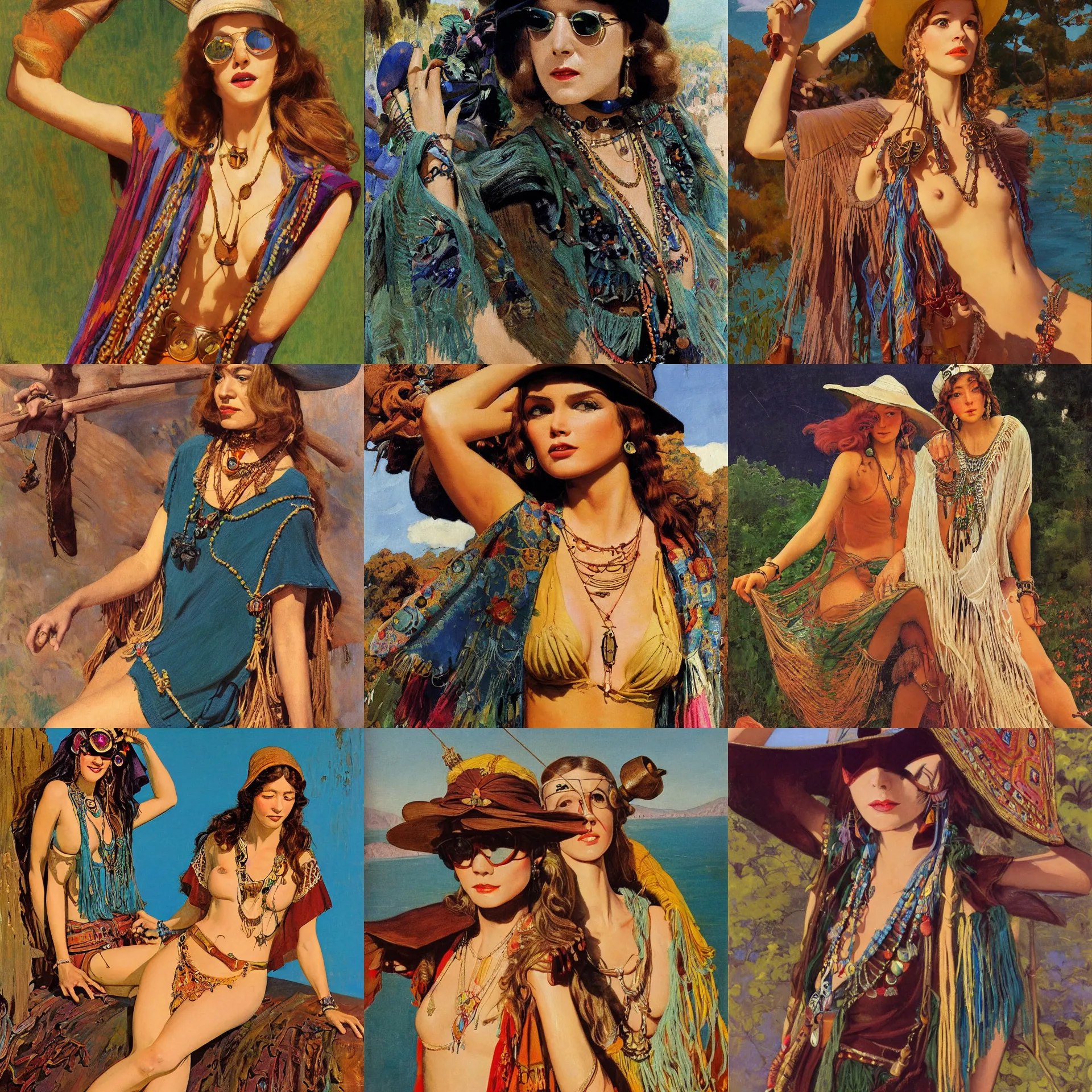 Prompt: pulp art, 1970s hippie cloth style, medieval young girl with wooden jewelry, wearing rich jewerly, hat and boho poncho, decollete, bikini, sunglasses, fantasy character, artwork by Joseph Leyendecker and Hugh Ferriss and gil elvgren and ilya repin and Greg Manchess, illustration, volumetric light, geometric shapes, impressionism, soviet paintings, 3d octane blender render, progressive rock album cover