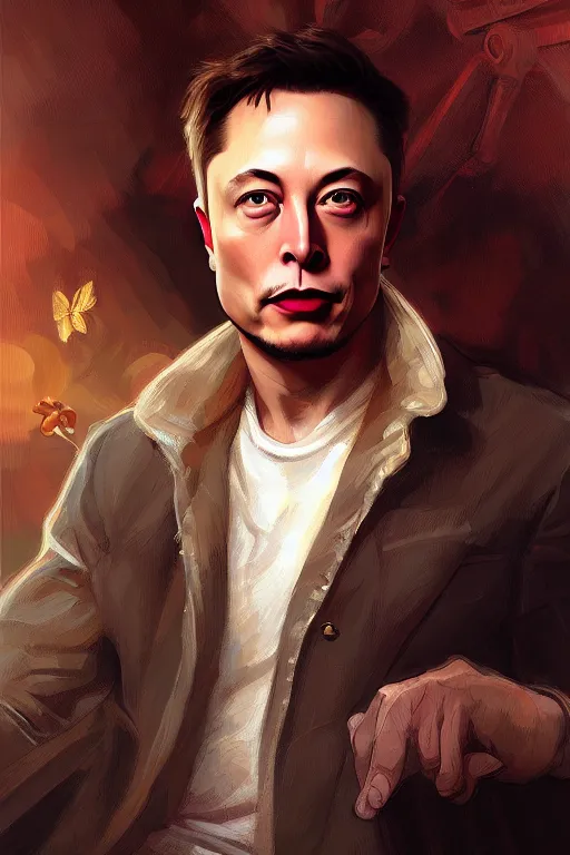 Image similar to male cottagecore elon musk portrait, intricate, swagger, highly detailed, digital painting, artstation, concept art, smooth, sharp, focus, illustration, art by artgerm and greg rutkowski and alphonse mucha