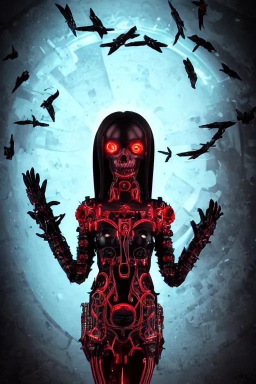 Prompt: full-body cyberpunk style sculpture of a young beautiful dark priestess, half android with a head opening exposing circuitry, glowing red eyes, black roses, flowing blood red colored silk, fabric. candles. baroque elements, human skull. full-length view. baroque element. intricate artwork by caravaggio. crows flying in background. Trending on artstation. octane render. cinematic lighting from the right, hyper realism, octane render, 8k, depth of field, 3D