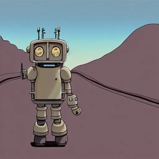 Image similar to a study of cell shaded cartoon of a grey robot baboon from howl's moving castle ( 2 0 0 4 ) on a desert road, full body, wide shot, very muted colors, post grunge, studio ghibli, laurie greasley, highly detailed, deviantart, art by artgem