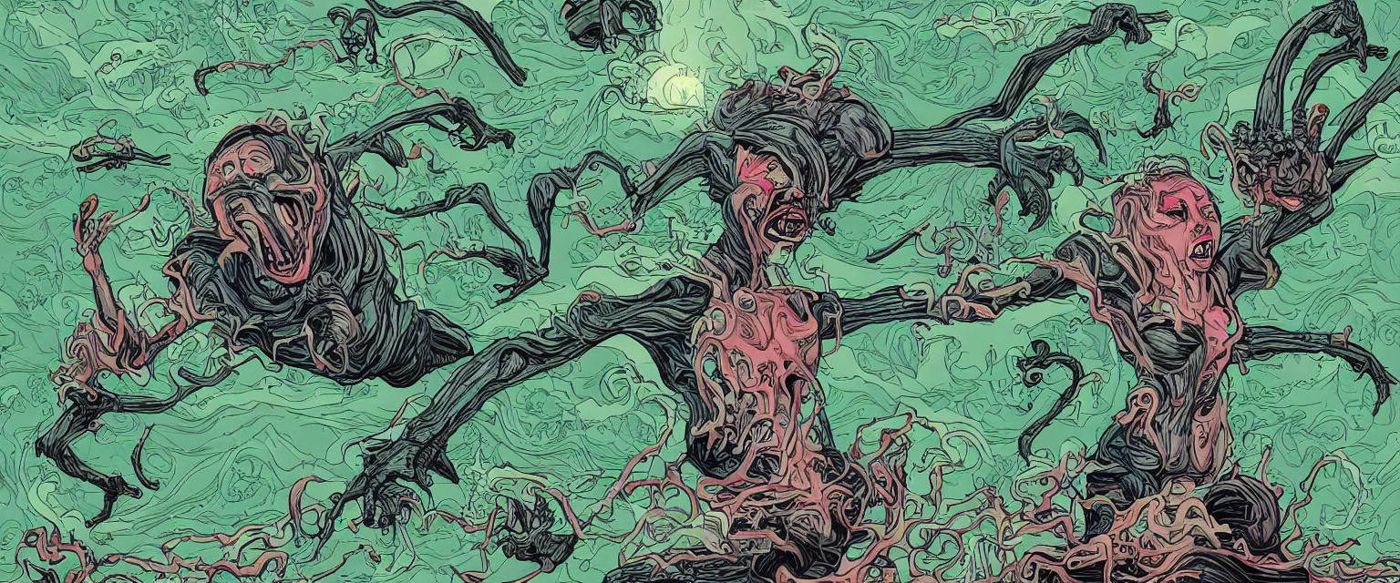 Image similar to woman screaming nightmare alien invasion attacking earth the end of the world, story illustration art green colors by james jean