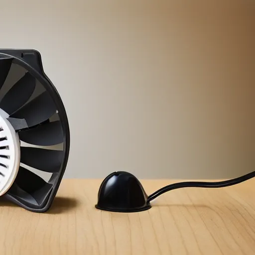 Image similar to desk fan with a funnel attached to the back leading to the top of the room, professional photography, studio lighting