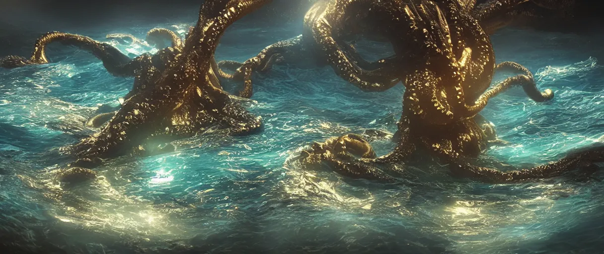 Prompt: ocean monster with big tentacles lighting establishing shot extremely high detail foto realistic cinematic lighting post processed