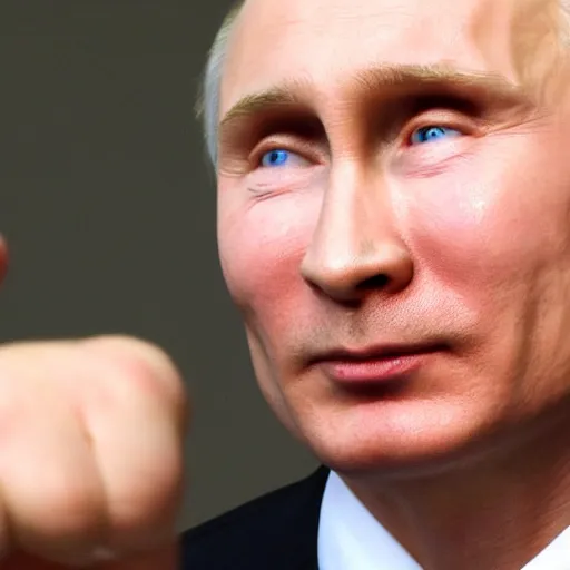Image similar to high definition photo putin smirking while pointing up with one finger, 4k