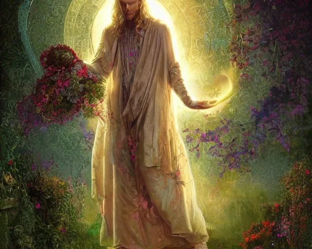 Image similar to paul bettany as angel is covered in vines and flowers standing in front of a beautiful cottage, a digital painting by thomas canty and thomas kincade and ross tran, art nouveau, atmospheric lighting, trending on artstation