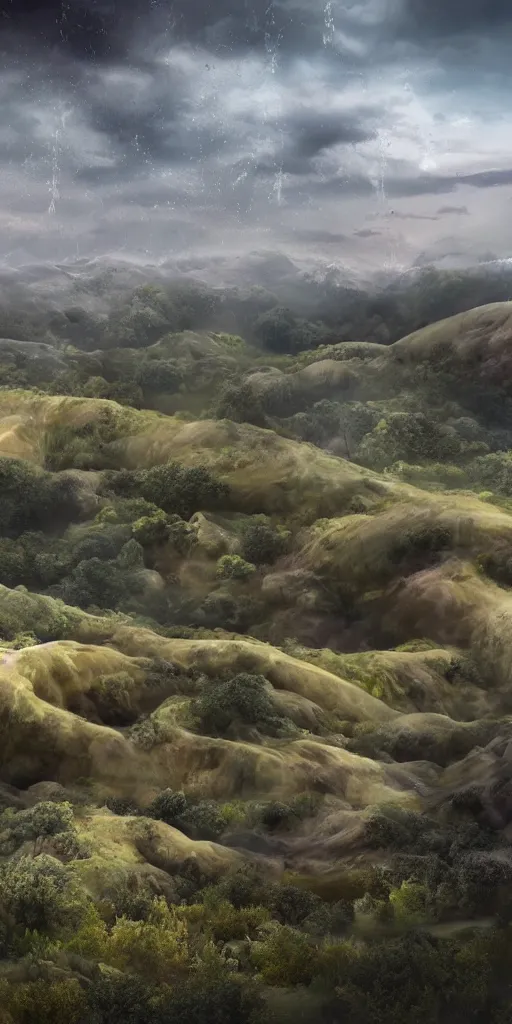 Prompt: a 3 d matte painting of rolling hills made of beautiful human, skin, dripping wet, human bodies, highly detailed, hyperrealistic