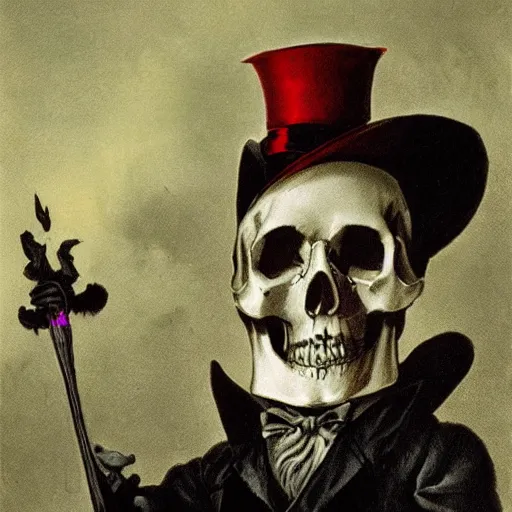 Image similar to grim-hatter, skull cane, candy eerie color, voodoo ritual, matte painting art from goya and pirner