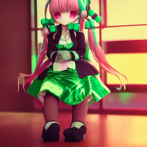 Prompt: cute fumo plush of a girl with prosthetic mechanical arms, green dataglyphs, pink velvet dress, bokeh, cyberpunk anime girl, vray