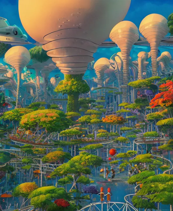 Image similar to simplicity, elegance, an amusement park made out of bizarre organic creatures, in the style of a streamlined asymmetrical spaceship, overgrown with flowers, partly cloudy, sun - drenched, by dan mumford, yusuke murata, makoto shinkai, ross tran, cinematic, unreal engine, cel shaded, featured on artstation, pixiv