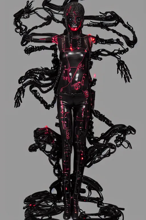 Image similar to full-body cyberpunk style sculpture of a young beautiful dark priestess, half android with a head opening exposing circuitry, glowing red eyes, black roses, flowing blood red colored silk fabric. baroque elements, candles, human skull, crows flying in background. full-length view. baroque element. intricate artwork by Caravaggio. Trending on artstation, cinematic lighting from the right, hyper-realism, octane render, 8k, depth of field, 3D, conceptual art