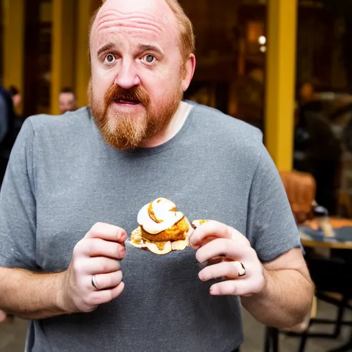 Image similar to louis c k eating a cinnabon, xf iq 4, f / 1. 4, iso 2 0 0, 1 / 1 6 0 s, 8 k, raw, unedited, symmetrical balance, in - frame, sharpened