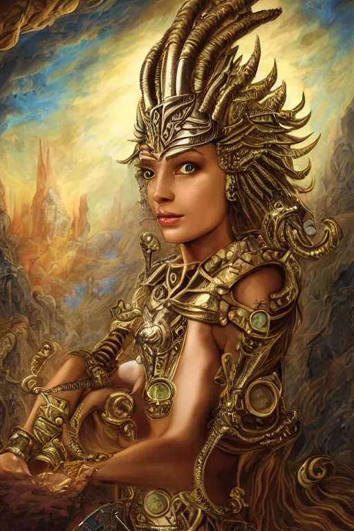 Image similar to Mystical Valkyrie, Portrait of a beautiful female Atlantean Anubis Alien Reptilian Warrior, Realistic, Regal, Refined, Detailed Digital Art, François Boucher, Walt Disney (1937), Oil Painting, Michael Cheval, Steampunk, Highly Detailed, Cinematic Lighting, Unreal Engine, 8k, HD