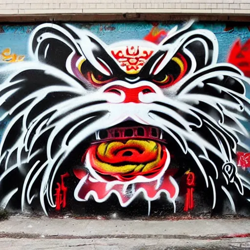 Prompt: lion dance, china, graffiti style, spraypainted on a wall