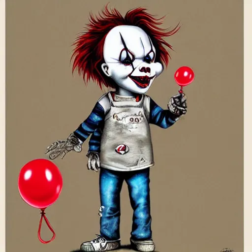 Image similar to grunge cartoon painting of chucky with a wide smile and a red balloon by chris leib, loony toons style, pennywise style, horror theme, detailed, elegant, intricate