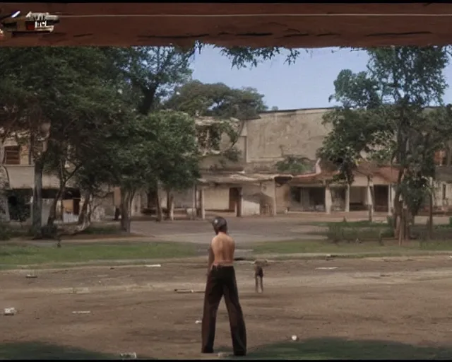 Image similar to a still of irl empty stage from Virtua Fighter in the movie Hard Target (1993), HDR, high quality, 8k, highly detailed and intricate,