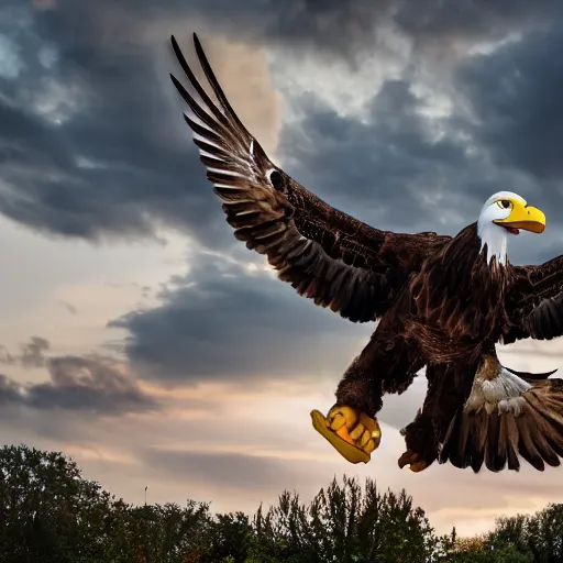 Image similar to cinematic photo of a giant eagle snatching away the oregon duck mascot with its talons, camera is looking up at the subject in the sky with fancy clouds behind