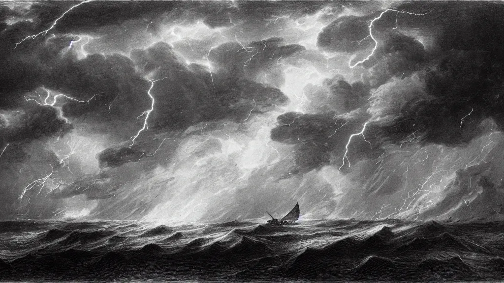 Image similar to drawing of an ornithopter flying through a lightning storm above a stormy ocean, by gustave dore, nineteenth century, black and white, vintage, science fiction, epic composition, dramatic lighting, highly detailed, cinematic