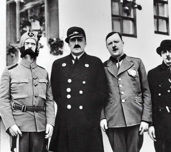 Image similar to Adolph Hitler posing with the Beatles for a photo