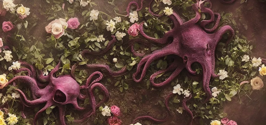 Prompt: an octopus in the shape of a skull surrounded by flowers at midnight, foggy!, cinematic shot, photo still from movie by ari aster, wayne barlowe