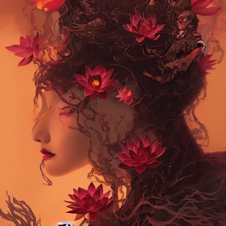 Image similar to breathtaking detailed concept art painting art deco portrait of a burning witch amalgamation lotus, by hsiao - ron cheng, bizarre compositions, exquisite detail, extremely moody lighting, 8 k