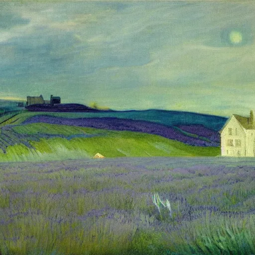 Prompt: painting of lavender field, highly detailed, beautiful lighting, mill in background by james abbott mcneill whistler