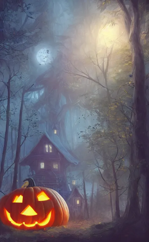 Image similar to a giant pumpkin house in the middle of a forest at night, the lights are on, dynamic lighting, photorealistic fantasy concept art, trending on art station, stunning visuals, creative, cinematic, ultra detailed