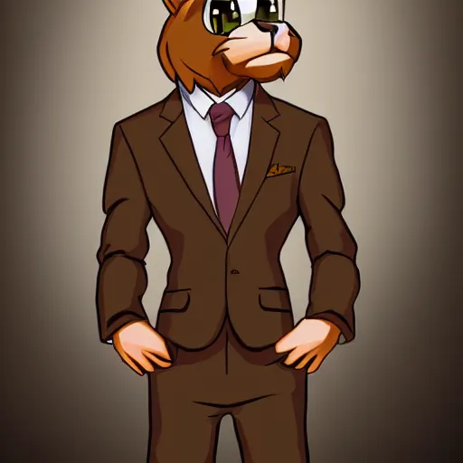 Image similar to a cartoon drawing of main character portrait anthro anthropomorphic mountain lion head animal person fursona wearing suit and tie furry 2 d masterpiece commission art solid background