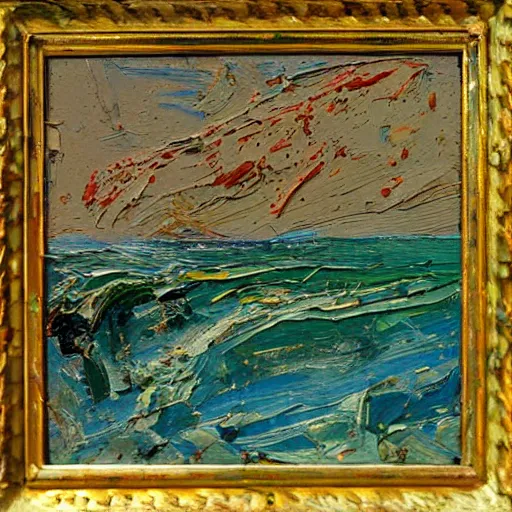 Prompt: oil paint impasto relief, beautiful italian beach scene, multi layered thick brush marks, some splattered paint, in the style of van gogh and frank auerbach and francis bacon