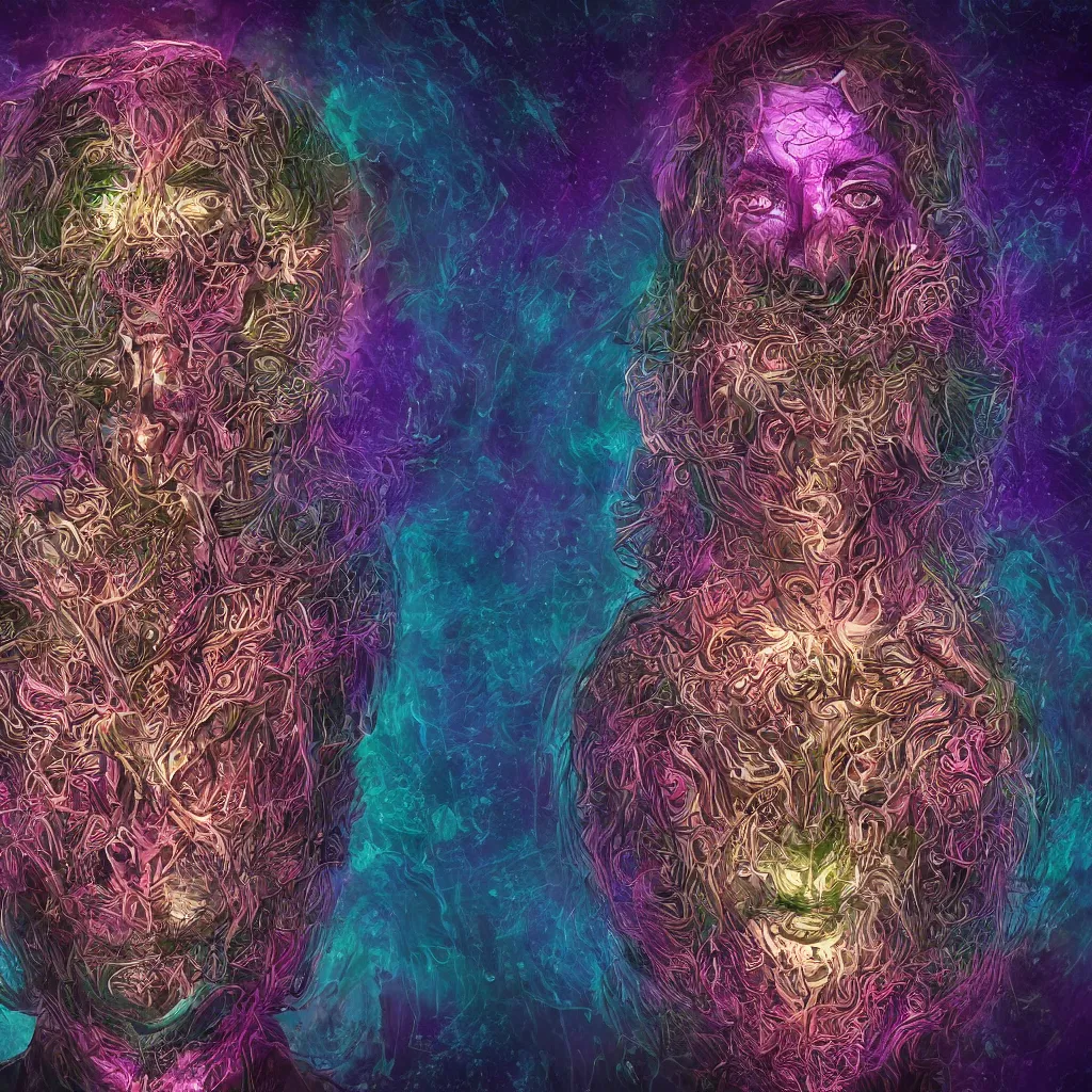 Image similar to - a therianthrope made out of dark matter in the style of alex grey - cinematic lighting 8 k octane render