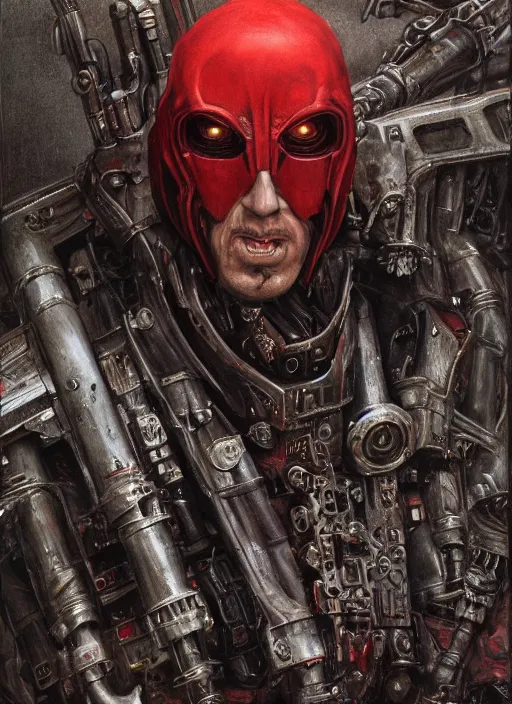 Image similar to portrait of rotten Nicolas Cage as adeptus mechanicus in red hood and robe from Warhammer 40000. Highly detailed, artstation, illustration by and John Blanche and zdislav beksinski and wayne barlowe and Gustav Klimt