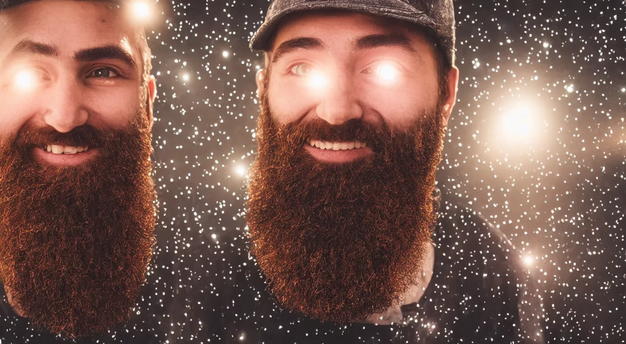 Image similar to Close up smiling handsome man with glowing galaxy eyeballs and majestic beard, professional studio photography, depth of field, intricate details, photorealistic, high quality