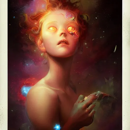 Prompt: face of a cute girl with eyes wide open, eyes like a cosmic nebula by peter mohrbacher and emmanuel shiu and martin johnson heade and bastien lecouffe - deharme