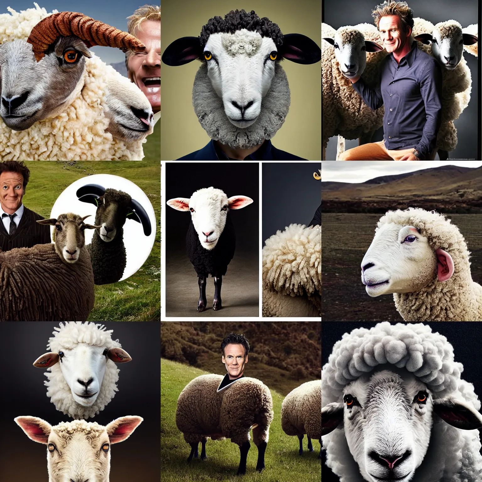 Prompt: a sheep with gordan ramsay's face, as shot by annie leibovitz