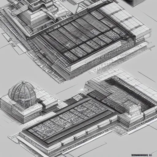 Image similar to high tech building cluster concept drawings with exposed sections by paul rudolph, grid, trending on artstation, rectilinear, isometric, isometric view, digital art, matte painting by moebius and alphonse mucha _ w 1 0 2 4
