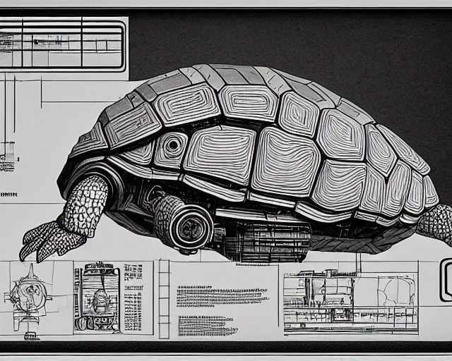 Prompt: a full page of a mechanical blueprint showing a cutaway design for a mechanized tortoise from howl's moving castle ( 2 0 0 4 ), with a big head, muted colors, post grunge, studio ghibli, hq,