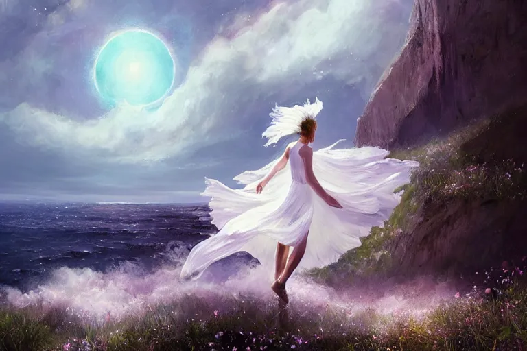 Image similar to giant white daisy flower over head, girl walking on cliff, surreal photography, solar eclipse, milky way, dramatic light, impressionist painting, clouds, digital painting, artstation, james gilleard and liam wong and jeremy mann