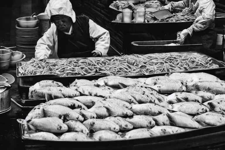 Prompt: still photo of a japanese street fish vendor black and white color aesthetic, highly detailed, photorealistic portrait, bright studio setting, studio lighting, crisp quality and light reflections, unreal engine 5 quality render